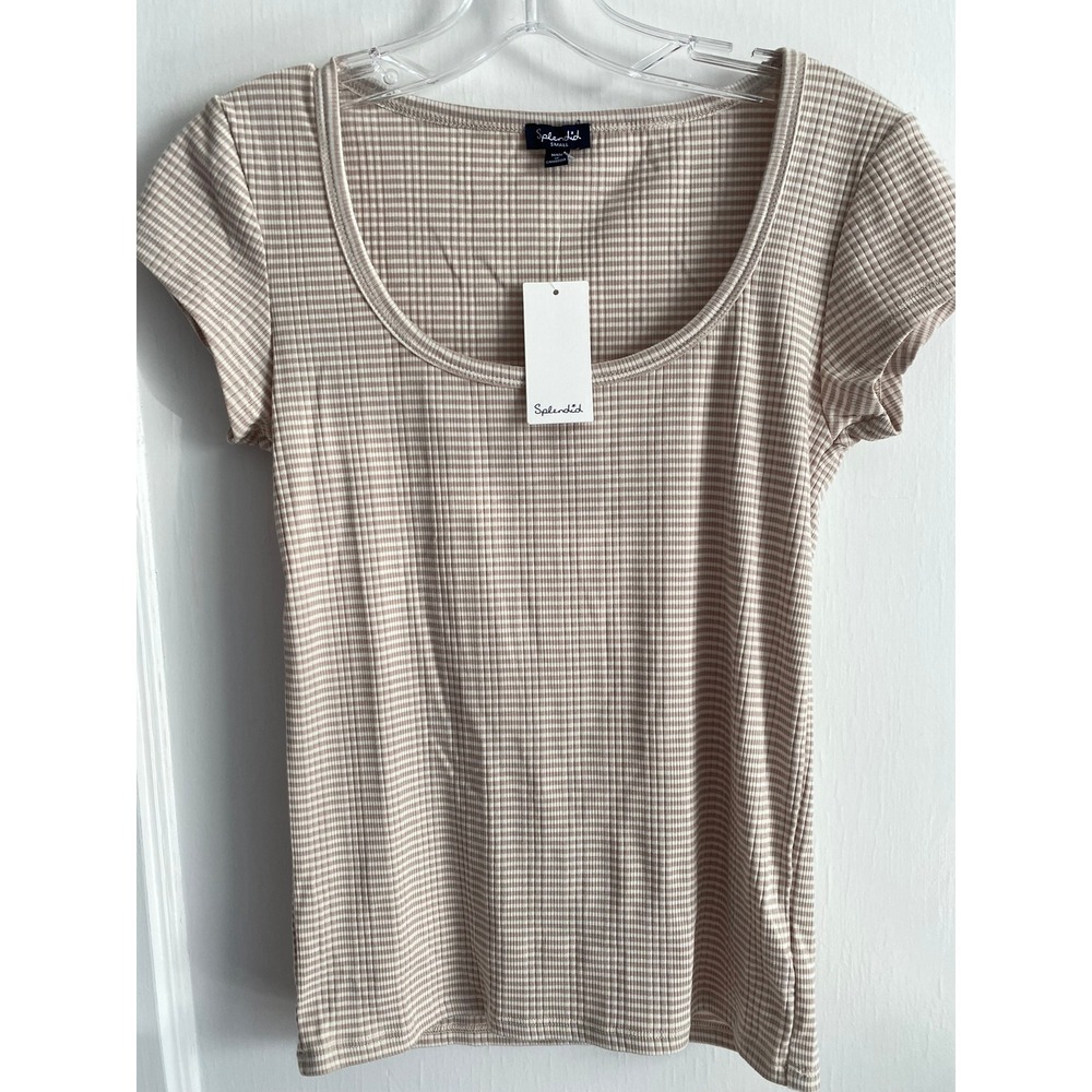 Splendid Top Womens Small Gingham Ribbed Tan White RS4K36X Keywords: Tee